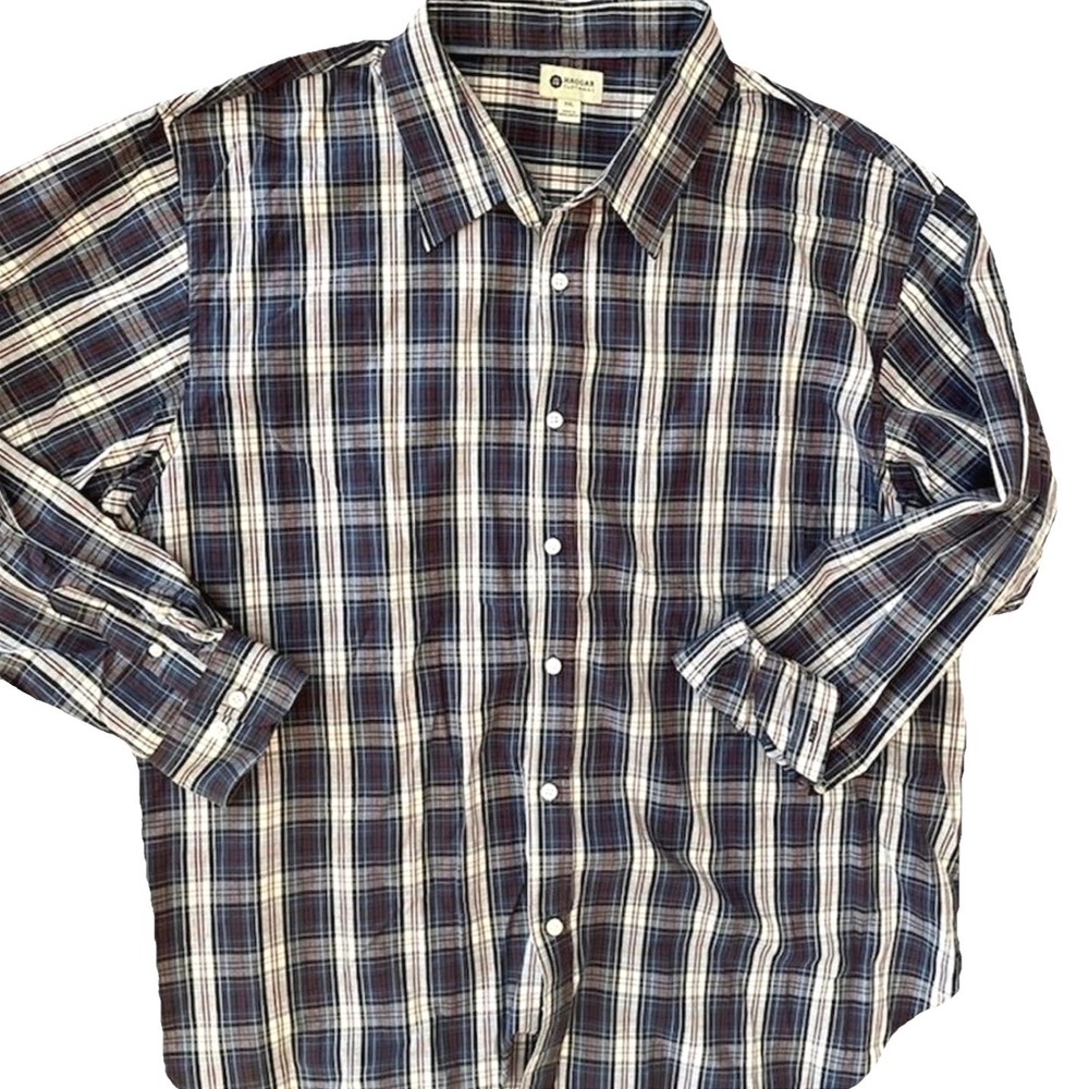 Haggar Mens XXL Plaid Button Down Shirt Navy Blue Burgundy Cotton Long Sleeve